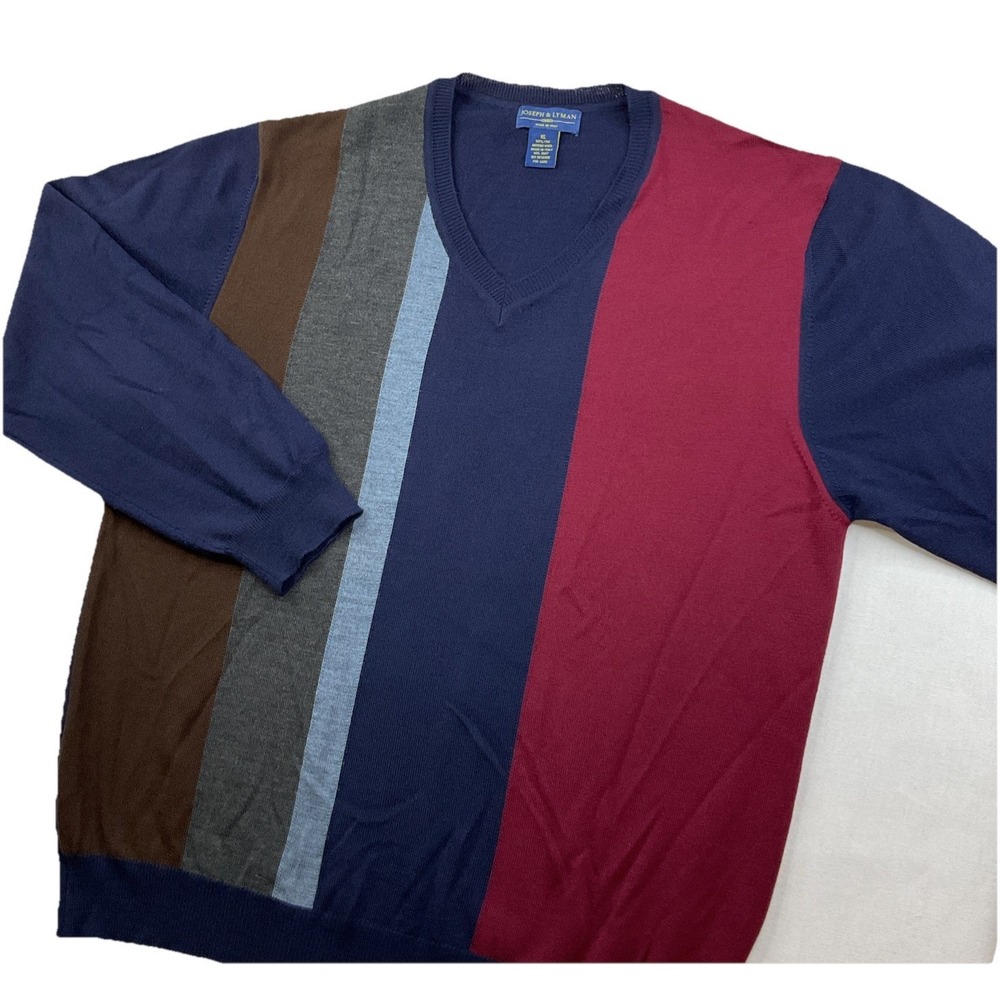 Joseph & Lyman Merino Wool Sweater Mens XL Striped V Neck Pullover‎ Italy Knit